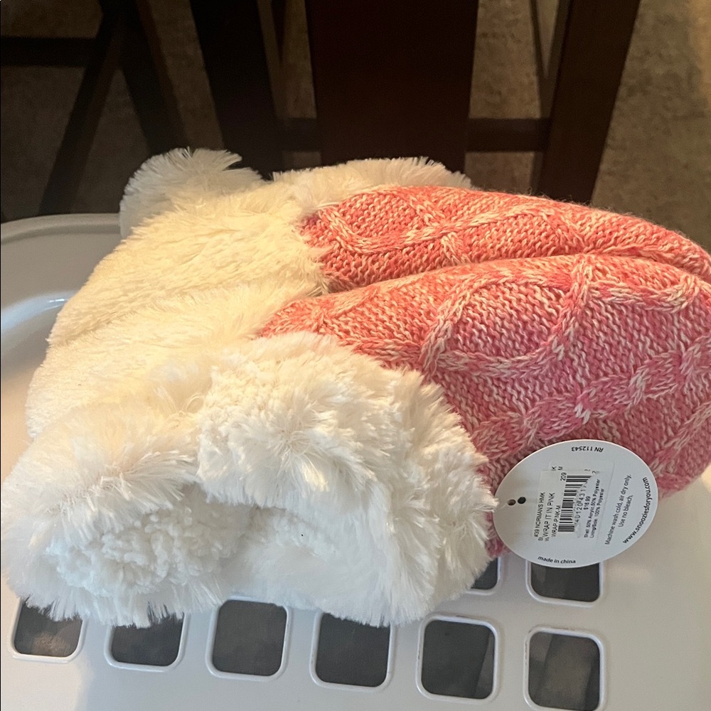 Fluffy Pink and White Knit Slippers
